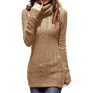 Khaki Turtleneck Bodycon Slim Fitted Cable Knit Long Sweater Size Small Neutral